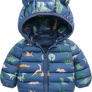 Baby Toddler Dinosaur Hooded Puffer Jacket, Blue Cartoon, Size XXS